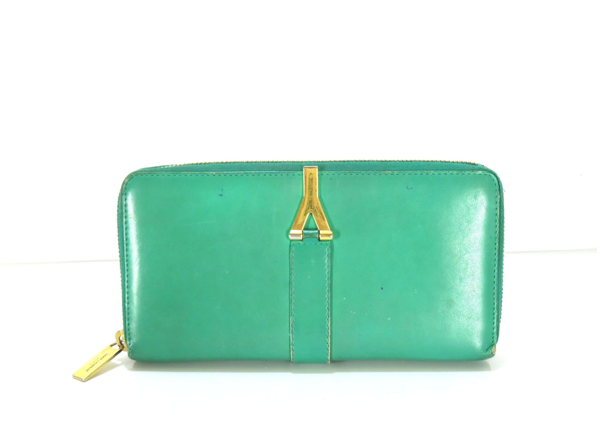 Yves Saint Laurent YSL Leather Zippy Wallet Green Wallet