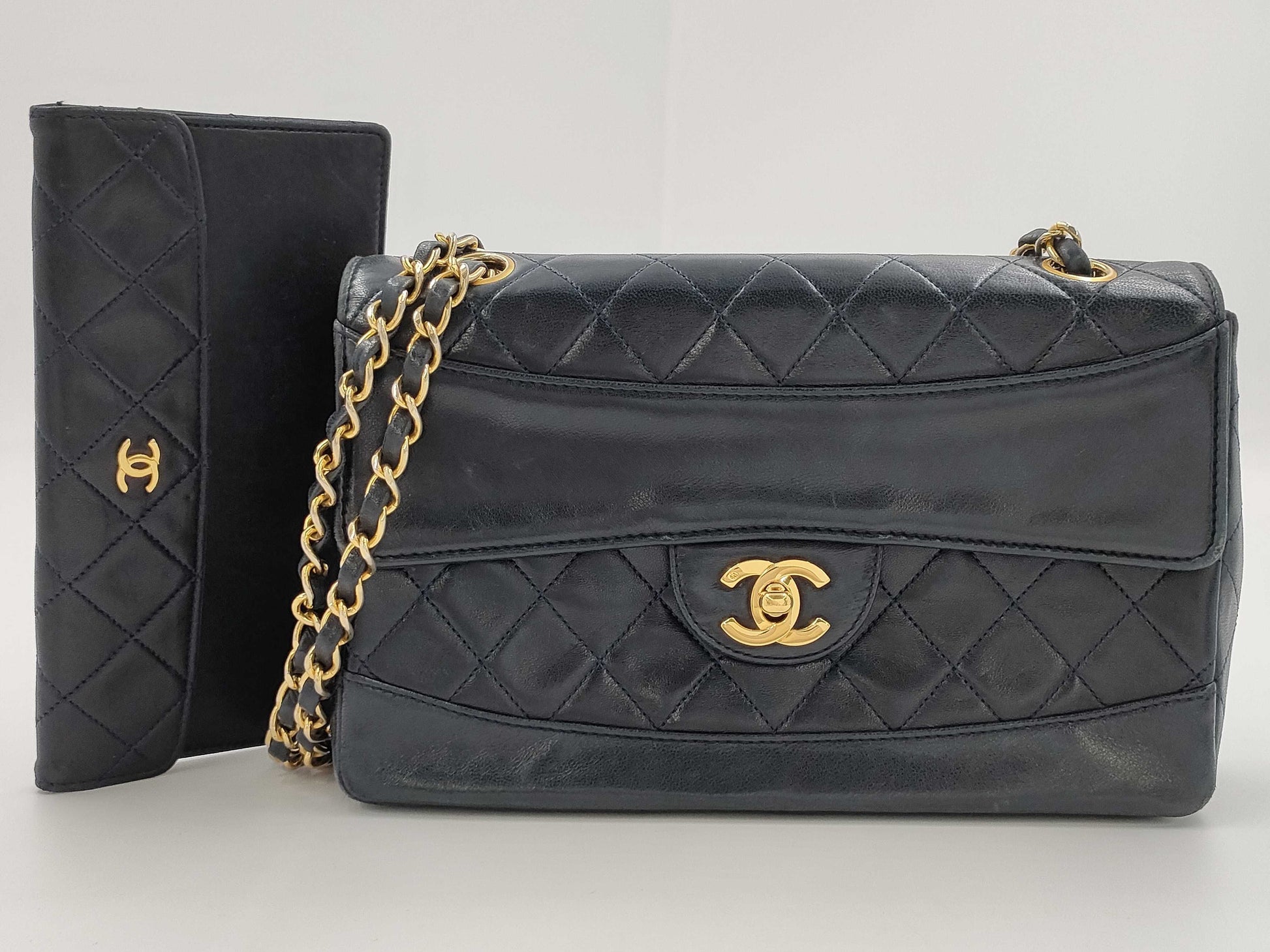 CHANEL Lambskin Matelasse Chain Shoulder Bag in Navy with Pouch, #1 Bag
