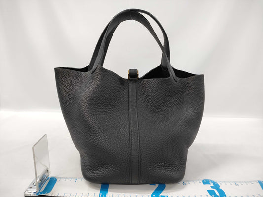 HERMES Picotin Lock MM Taurillon Clemence Leather Handbag, Black, G Hardware, Z Stamp