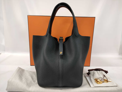 HERMES Picotin Lock MM Taurillon Clemence Leather Handbag, Black, G Hardware, Z Stamp