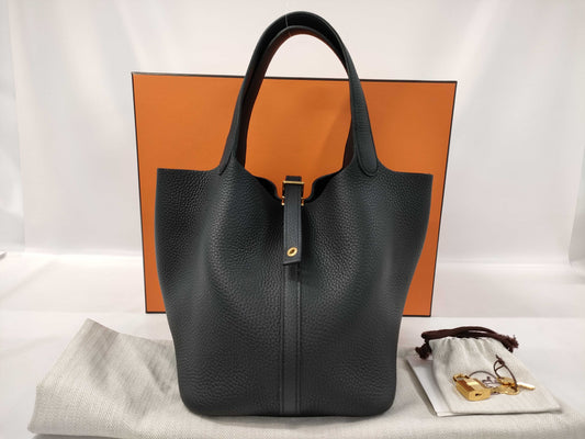 HERMES Picotin Lock MM Taurillon Clemence Leather Handbag, Black, G Hardware, Z Stamp