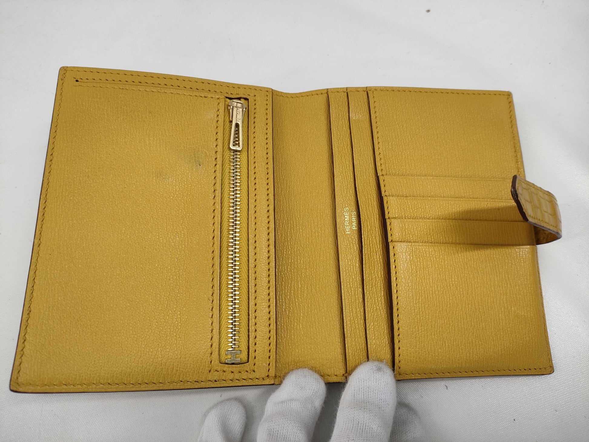 HERMES Bearn Compact Alligator Wallet, Yellow, G Hardware, Y Stamp