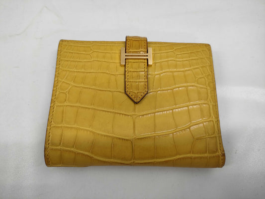 HERMES Bearn Compact Alligator Wallet, Yellow, G Hardware, Y Stamp