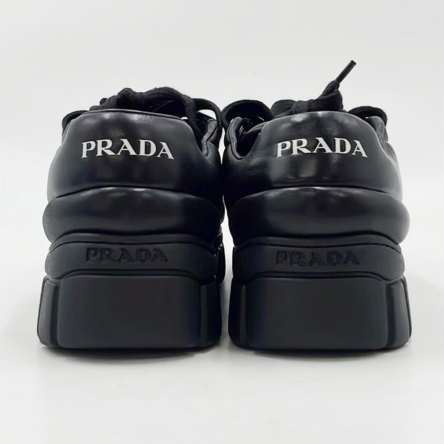 PRADA Downtown Sneakers, Padded Nappa Leather, Triangle Logo, Black, Size 24cm, Size 37