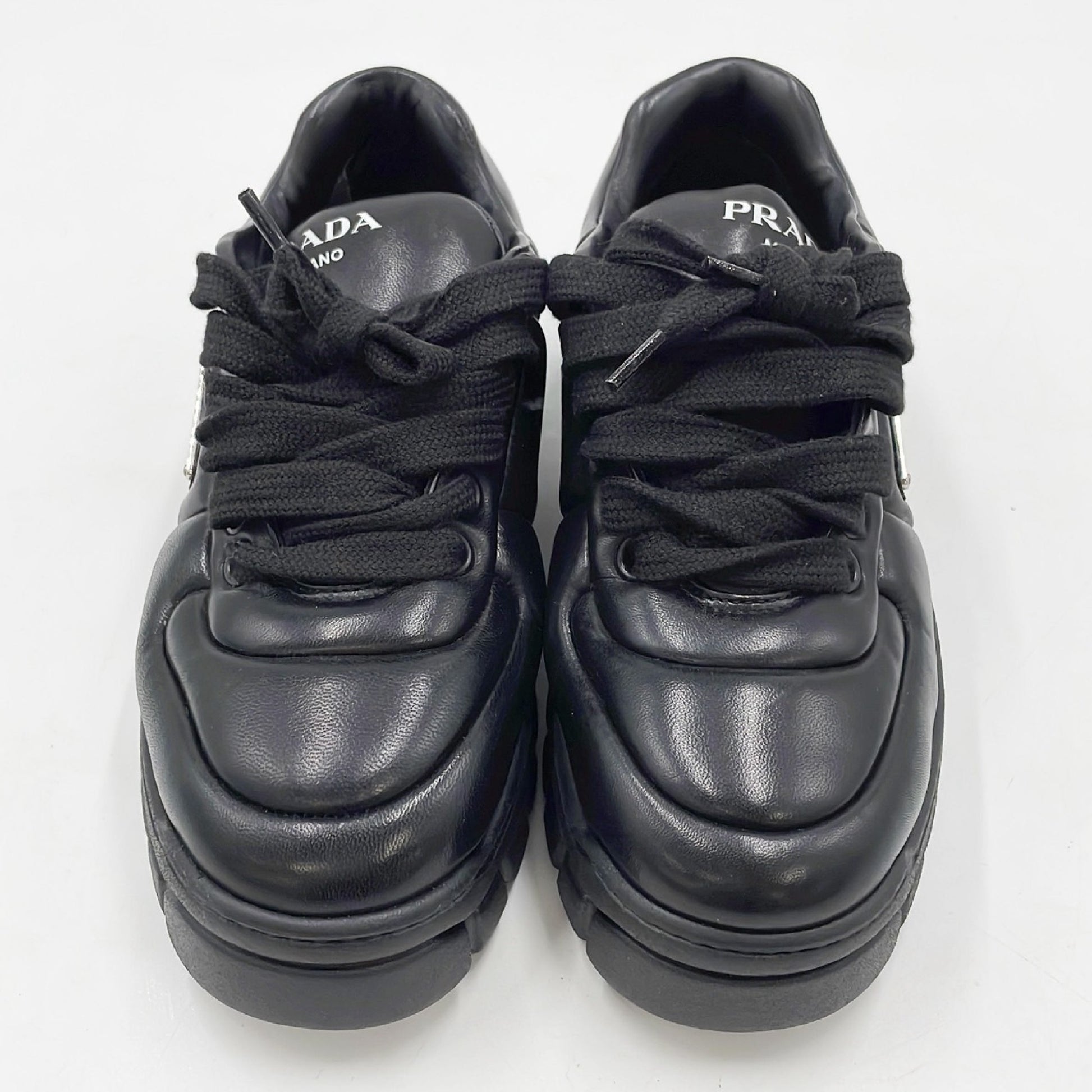 PRADA Downtown Sneakers, Padded Nappa Leather, Triangle Logo, Black, Size 24cm, Size 37