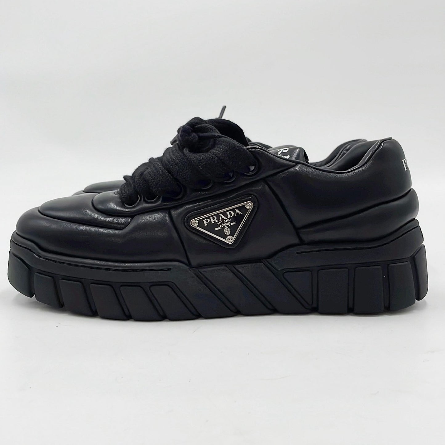 PRADA Downtown Sneakers, Padded Nappa Leather, Triangle Logo, Black, Size 24cm, Size 37