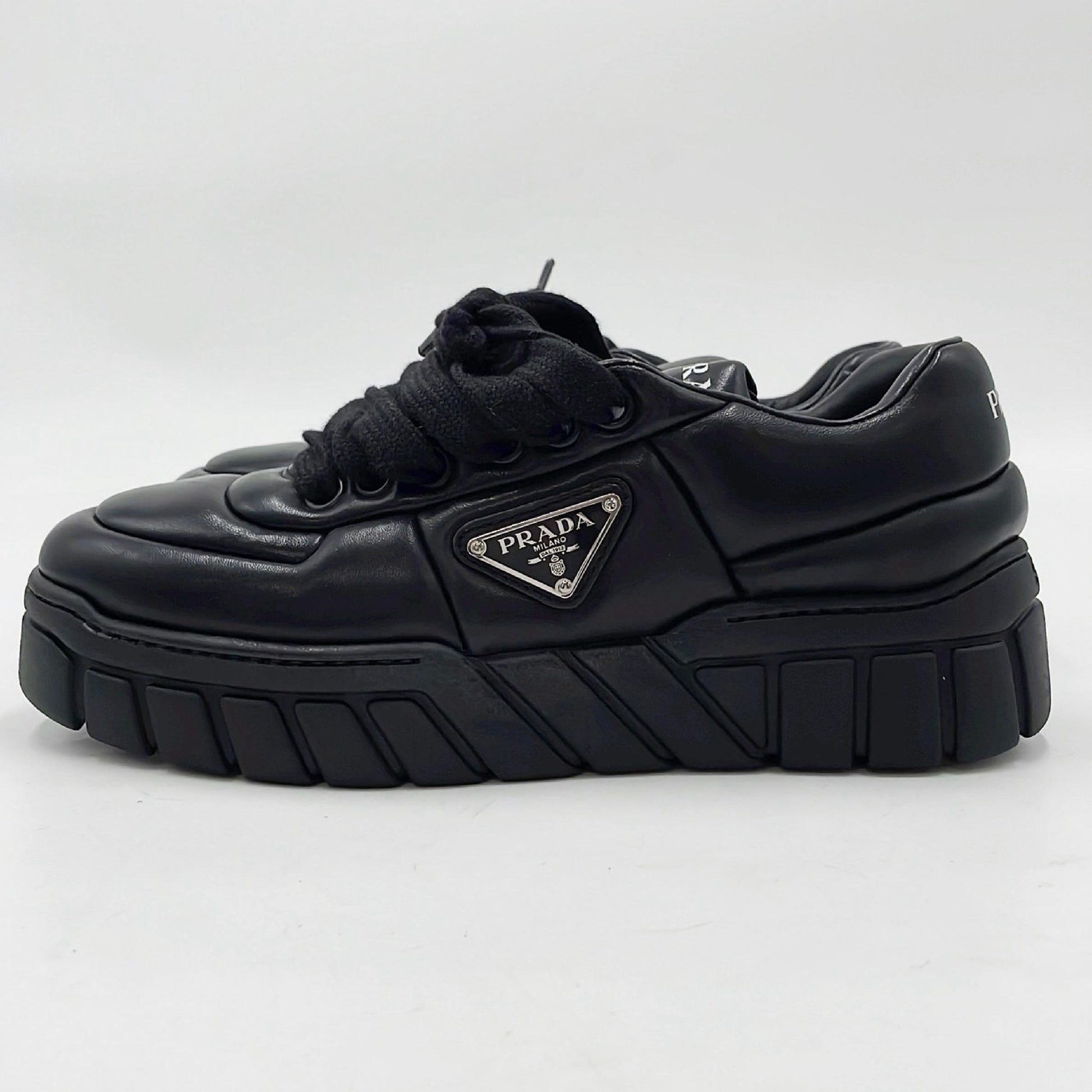 PRADA Downtown Sneakers, Padded Nappa Leather, Triangle Logo, Black, Size 24cm, Size 37