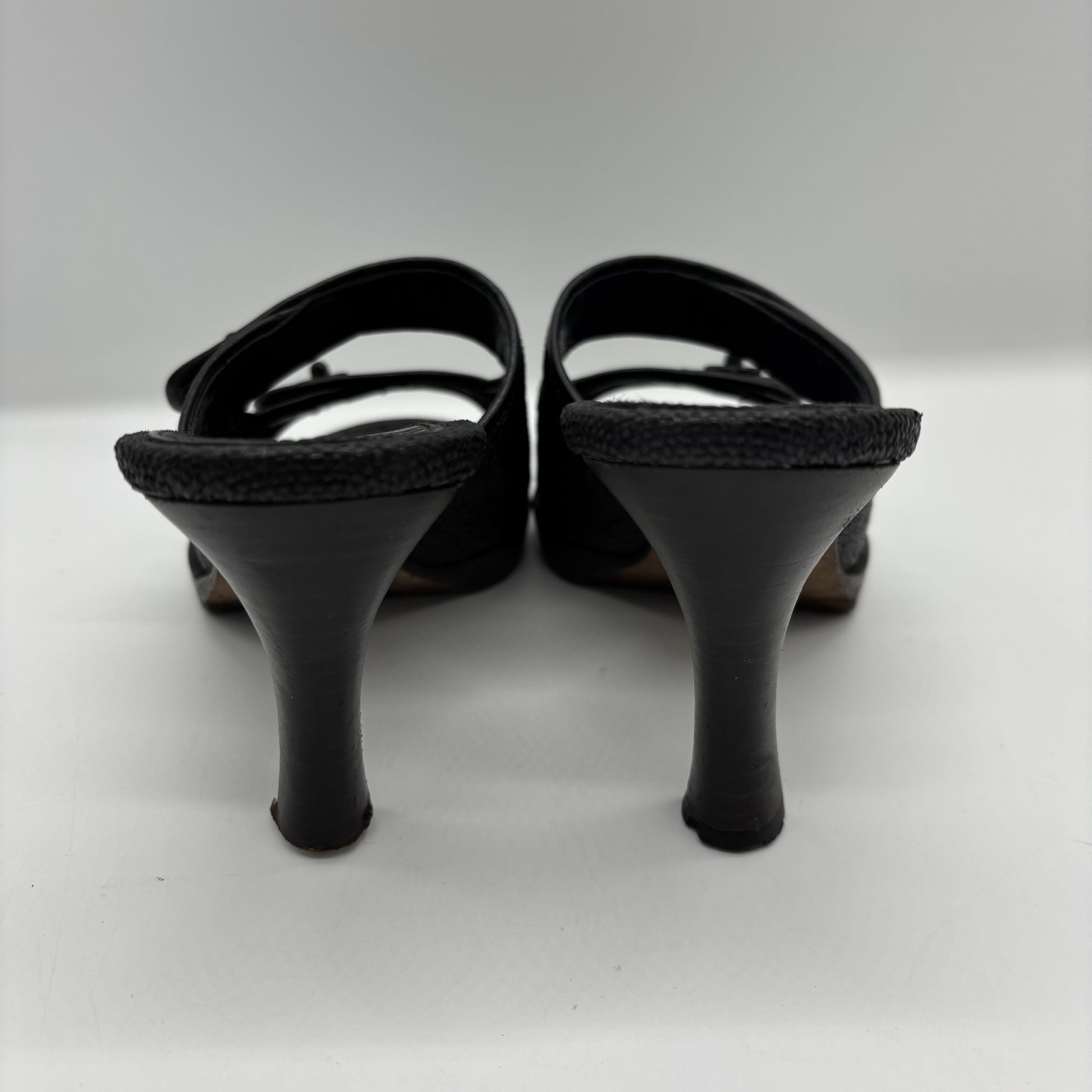 CHANEL Leather Black Raffia Leather Wood Turnlock Sandals Size #35/22.5cm