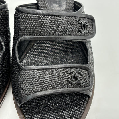 CHANEL Leather Black Raffia Leather Wood Turnlock Sandals Size #35/22.5cm