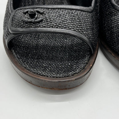 CHANEL Leather Black Raffia Leather Wood Turnlock Sandals Size #35/22.5cm