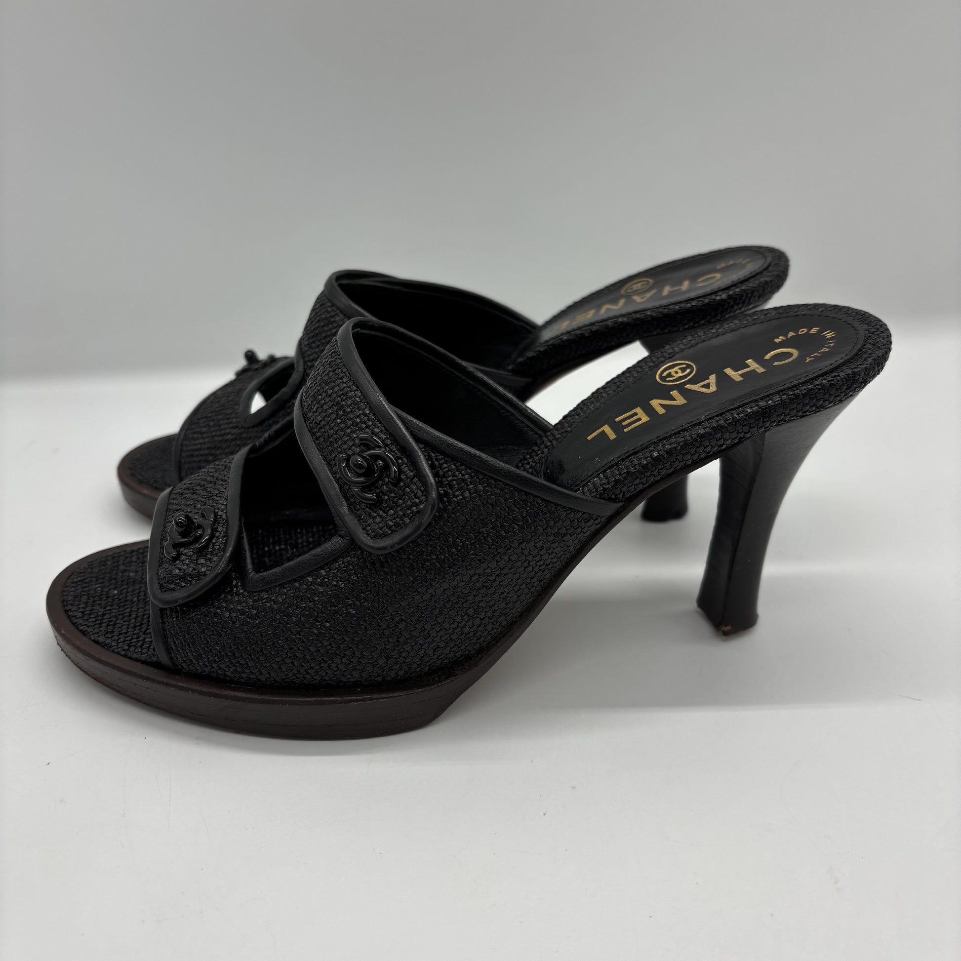 CHANEL Leather Black Raffia Leather Wood Turnlock Sandals Size #35/22.5cm