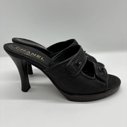 CHANEL Leather Black Raffia Leather Wood Turnlock Sandals Size #35/22.5cm