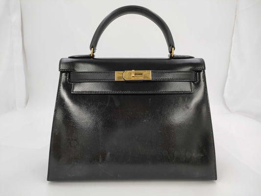 HERMES Kelly 28 ○S Box Calf Cadena Handbag