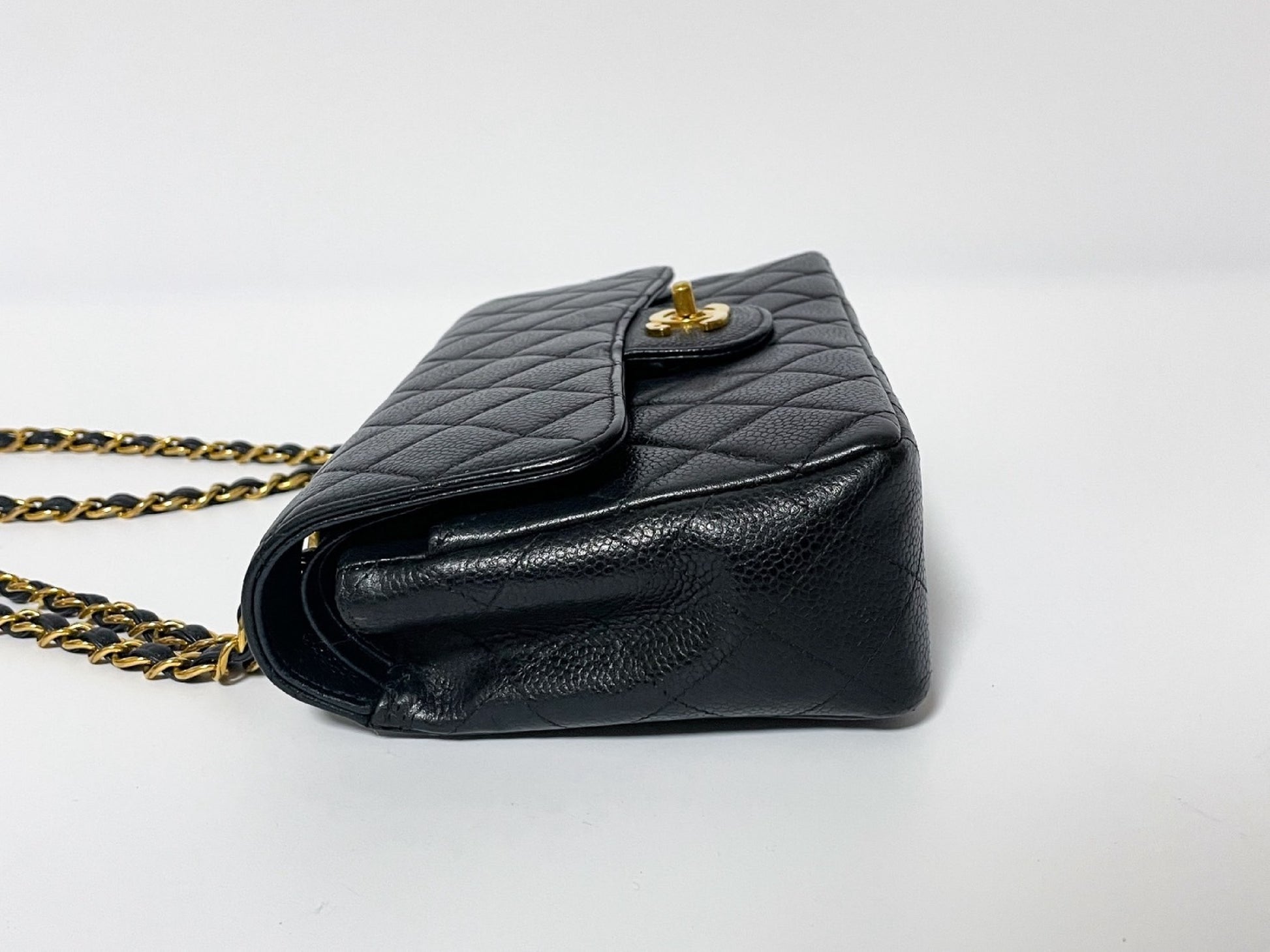 CHANEL Double Flap Caviar Leather Matelasse Black Lambskin Shoulder Bag with Seal
