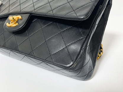 CHANEL Double Flap Matelasse Black Lambskin Shoulder Bag with Seal