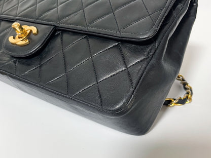 CHANEL Double Flap Matelasse Black Lambskin Shoulder Bag with Seal