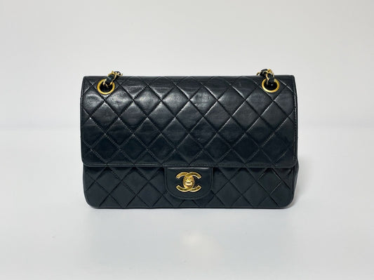 CHANEL Double Flap Matelasse Black Lambskin Shoulder Bag with Seal