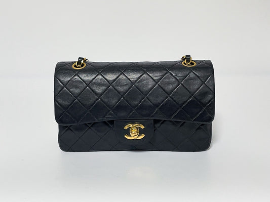 CHANEL Double Flap Matelasse Black Lambskin Shoulder Bag with Seal