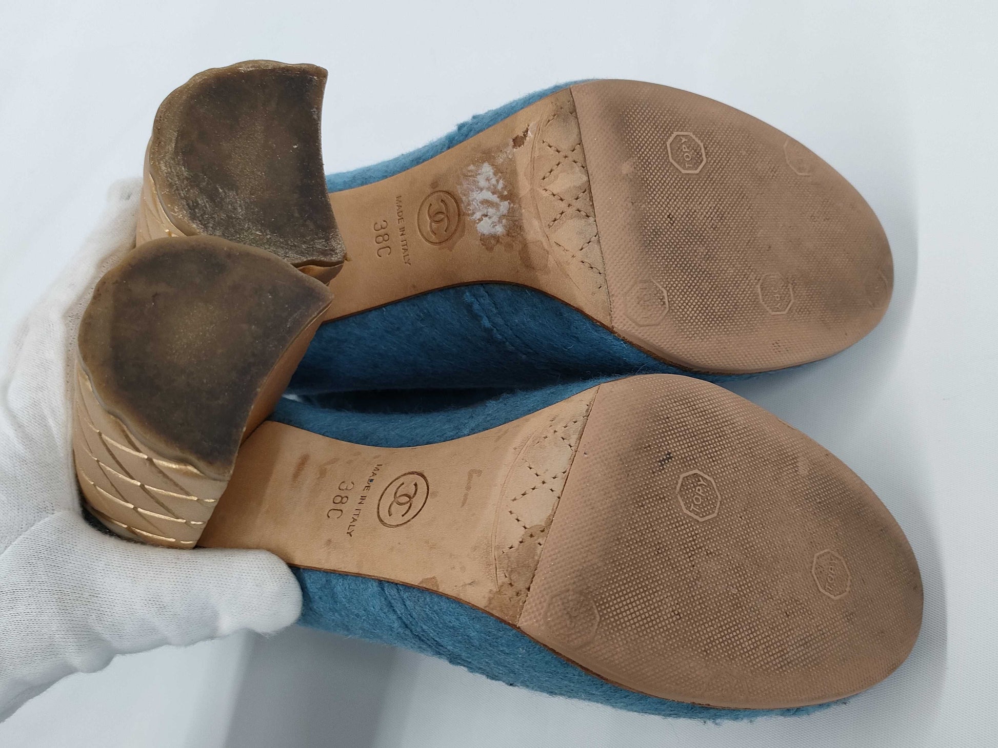 CHANEL CHANEL Women's Shoes Heels Size 38 Blue Gold Color with Dust Bag Other Shoes