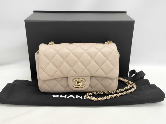 CHANEL Mini Matelasse 18 Shoulder Bag, Beige Lambskin with Champagne Gold Hardware, P64HJ013