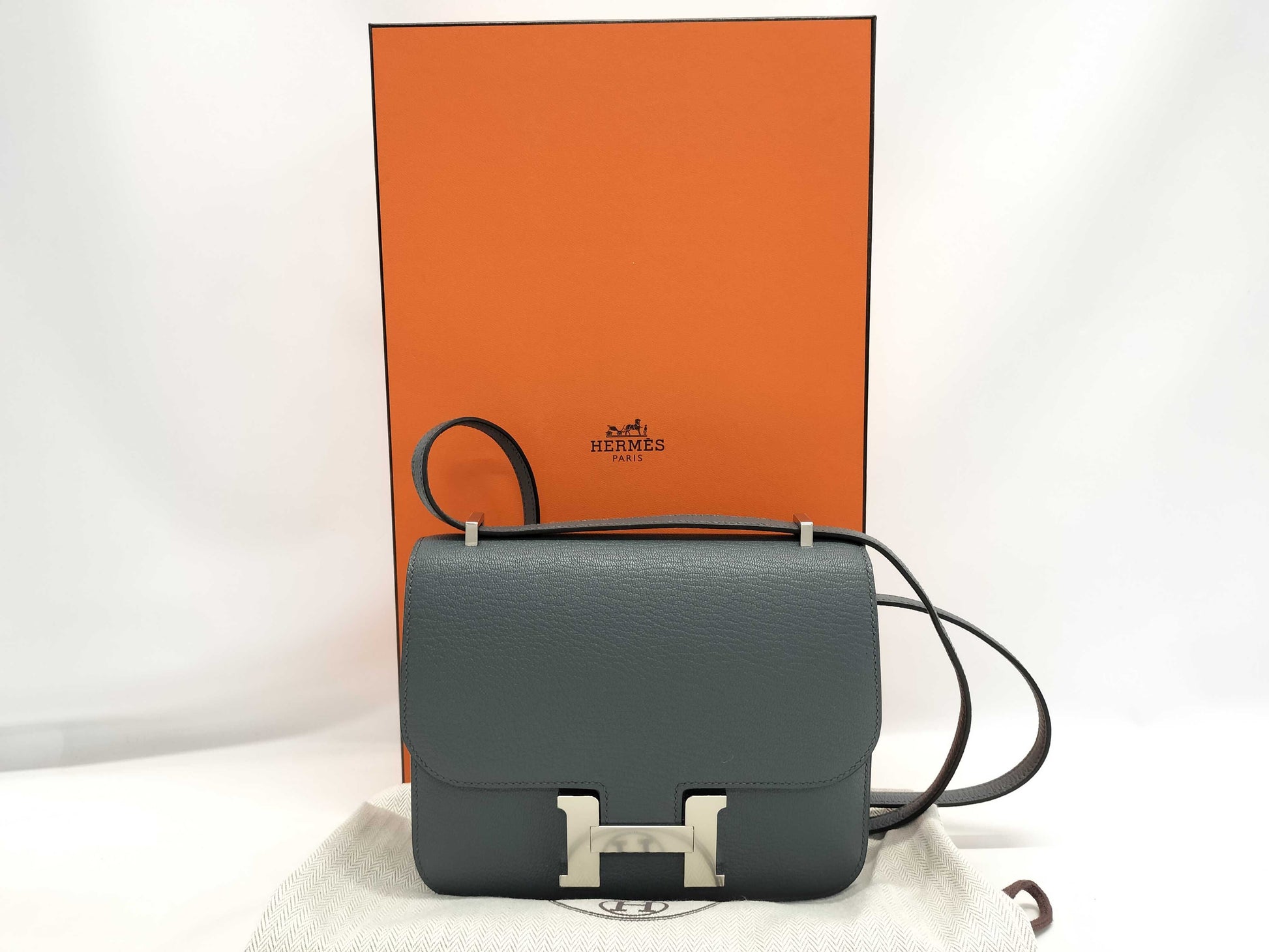 HERMES Constance Mini Chevre Shoulder Bag in Gray with Silver Hardware and K Stamp