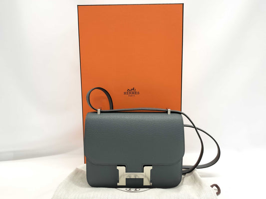 HERMES Constance Mini Chevre Shoulder Bag in Gray with Silver Hardware and K Stamp