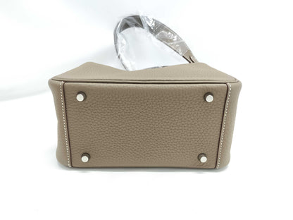 HERMES Lindy Mini Handbag in Taurillon Clemence Etoupe Leather with Silver Hardware and K Stamp