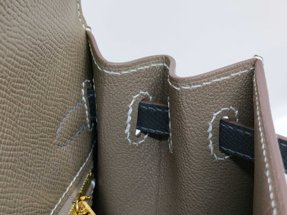 HERMES Kelly 25 Tricolore Epsom Etoupe/Black/Ardoise Gold Hardware GP W Stamp Handbag