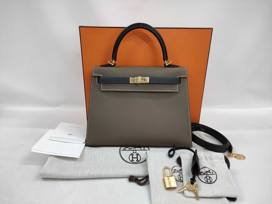 HERMES Kelly 25 Tricolore Epsom Etoupe/Black/Ardoise Gold Hardware GP W Stamp Handbag