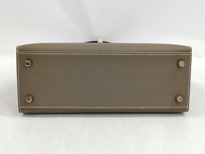HERMES Kelly 25 Tricolore Epsom Etoupe/Black/Ardoise Gold Hardware GP W Stamp Handbag
