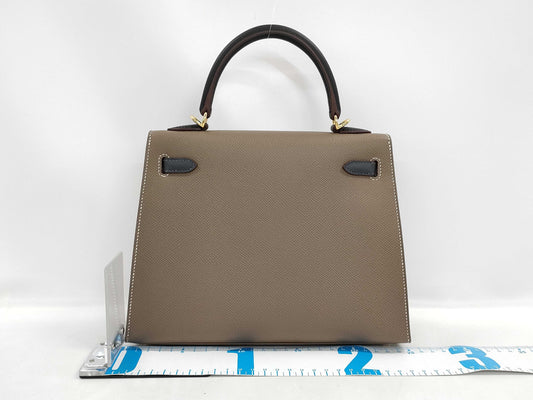 HERMES Kelly 25 Tricolore Epsom Etoupe/Black/Ardoise Gold Hardware GP W Stamp Handbag