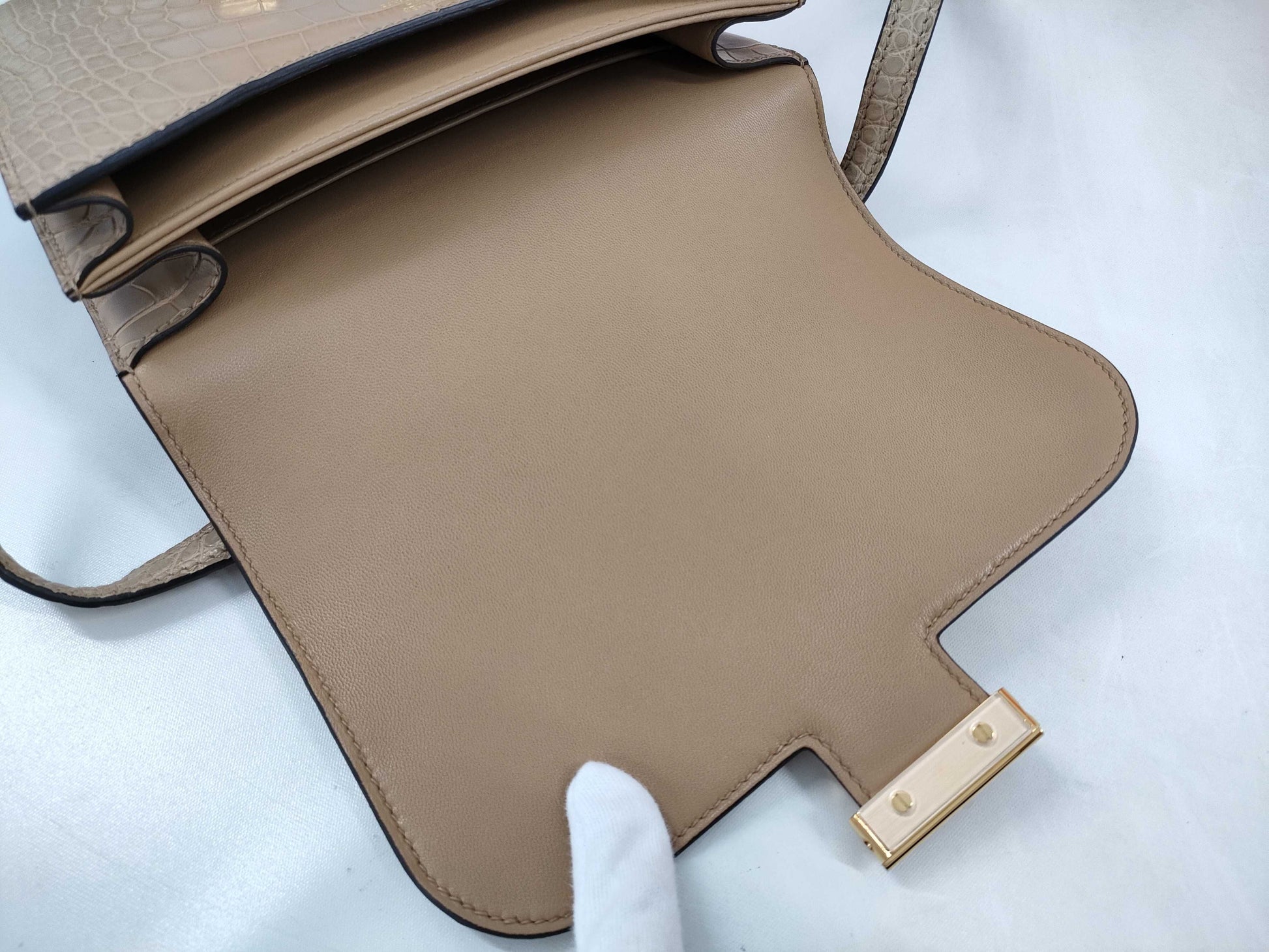 HERMES Constance Mini Alligator and Crocodile Shoulder Bag in Chai Gold with GP U Stamp and CITES Certification
