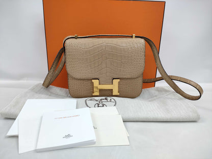 HERMES Constance Mini Alligator and Crocodile Shoulder Bag in Chai Gold with GP U Stamp and CITES Certification