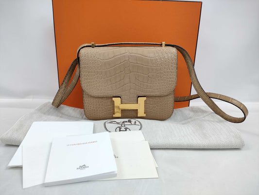 HERMES Constance Mini Alligator and Crocodile Shoulder Bag in Chai Gold with GP U Stamp and CITES Certification