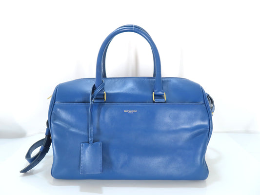 SAINT LAURENT Leather Duffle Bag, 2-Way Mini Boston Bag, Blue