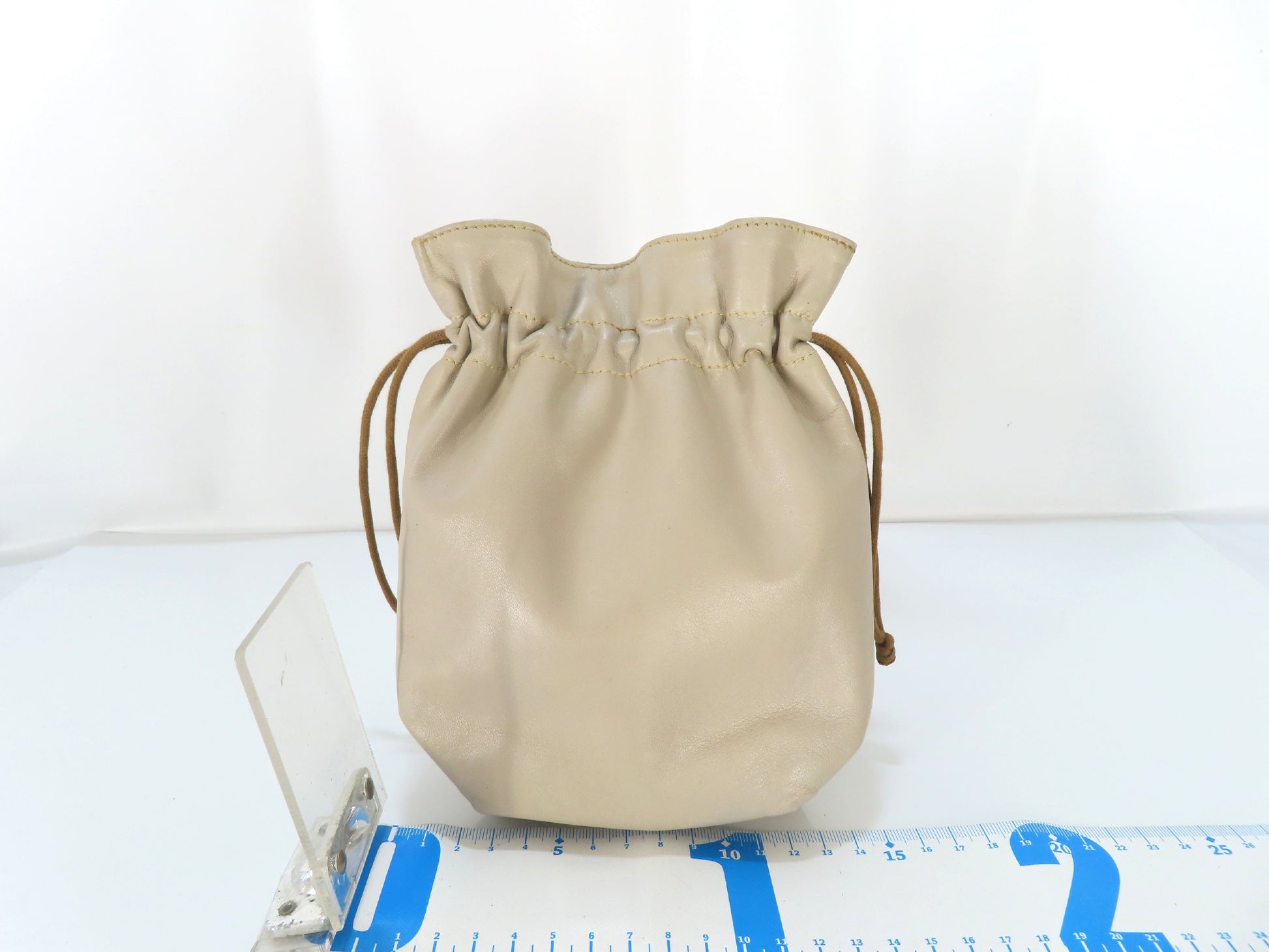 CELINE Leather Drawstring Pouch, Ivory
