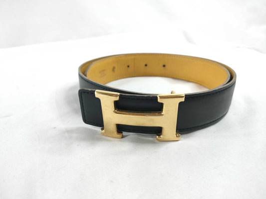 HERMES [Engraved] □A Hermes H Belt Black Jaune Belt