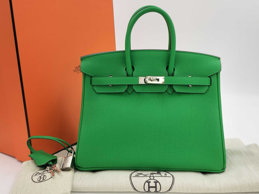 HERMES Birkin 25 Vert Yucca Togo Silver Hardware W Stamp Handbag