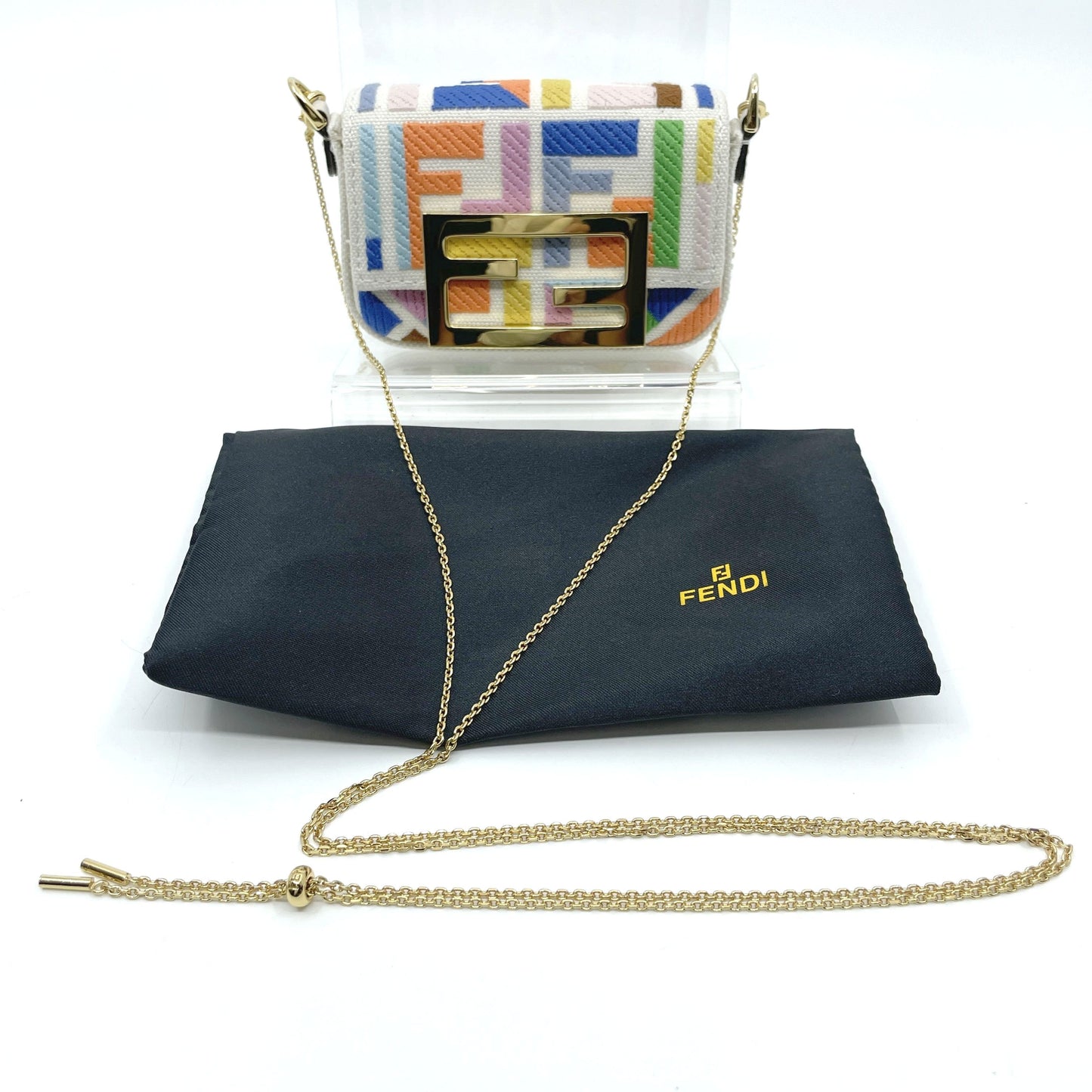 FENDI 7AS045 Zucca Nano Bucket Leather Chain Shoulder Bag