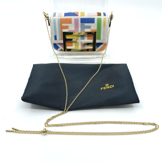 FENDI 7AS045 Zucca Nano Bucket Leather Chain Shoulder Bag
