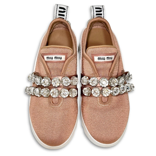 Miu Miu Crystal and Beaded Slip-On Sneakers, Pink, Size 34 1/2, Platform Sneakers