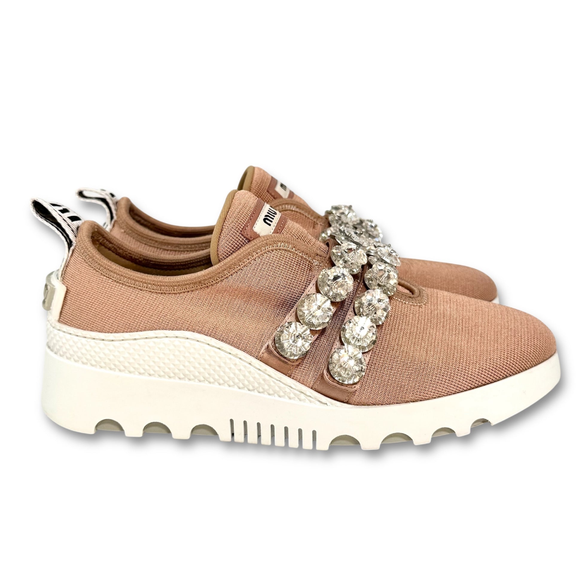 Miu Miu Crystal and Beaded Slip-On Sneakers, Pink, Size 34 1/2, Platform Sneakers