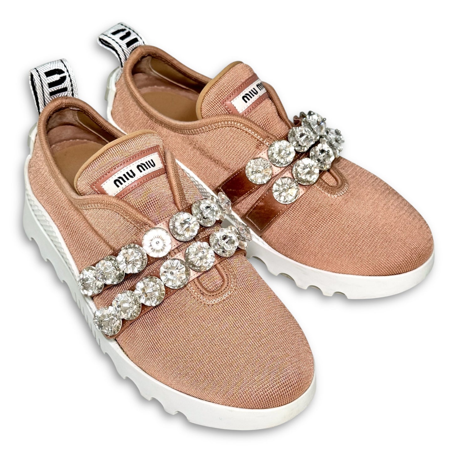 Miu Miu Crystal and Beaded Slip-On Sneakers, Pink, Size 34 1/2, Platform Sneakers