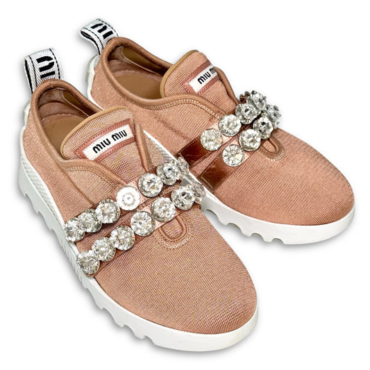 Miu Miu Crystal and Beaded Slip-On Sneakers, Pink, Size 34 1/2, Platform Sneakers