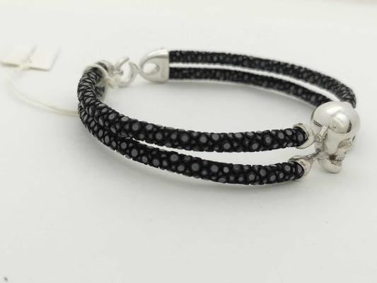 Sting HD SV/Leather Bracelet with Skull Motif, 17.8g