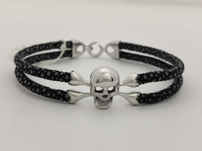Sting HD SV/Leather Bracelet with Skull Motif, 17.8g