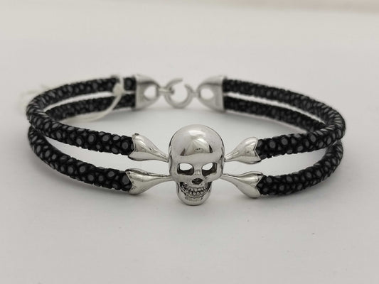 Sting HD SV/Leather Bracelet with Skull Motif, 17.8g
