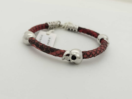 Sting HD SV/Leather Bracelet with 3 Skull Motifs, 16.4g, Bracelet/Bangle