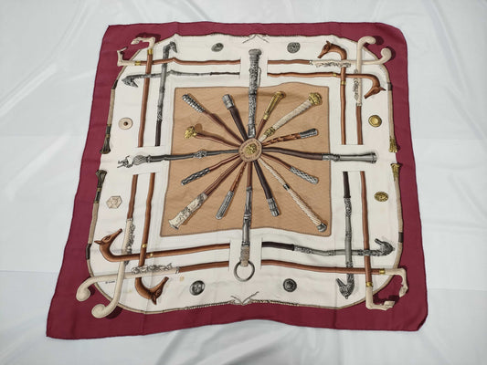 HERMES Carré 90 Scarf, Bordeaux, Walking Stick Pattern