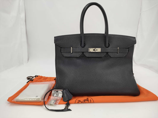 HERMES Birkin 35□H engraved navy handbag